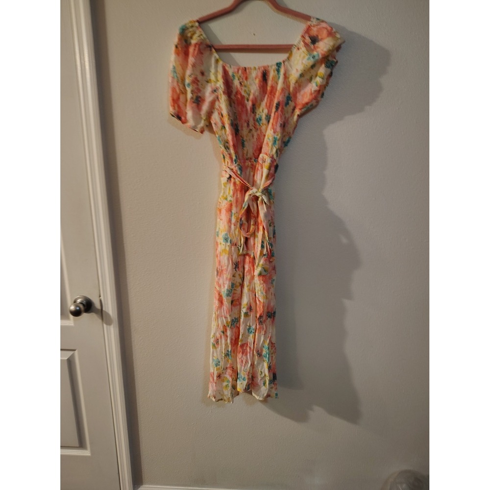 Indigo Rose Floral Plisse Midi Dress Womens Small Peach Yellow Puff Sleeve Smock
